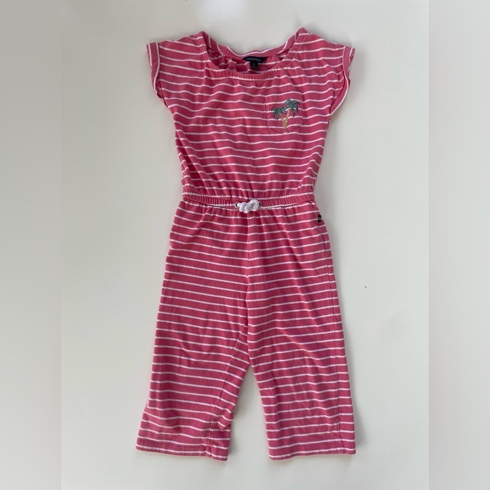 Nautica Little Girls Pink White Stripe Cap Sleeve Preppy Jumpsuit Size 5